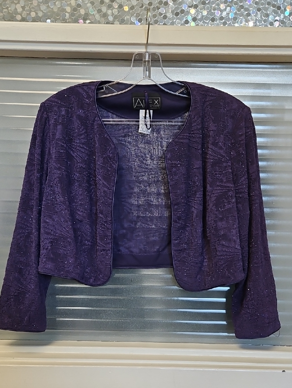 Size 12 Purple Glitter Sparkle 3/4 Sleeve Open Front Bolero By Alex Evenings